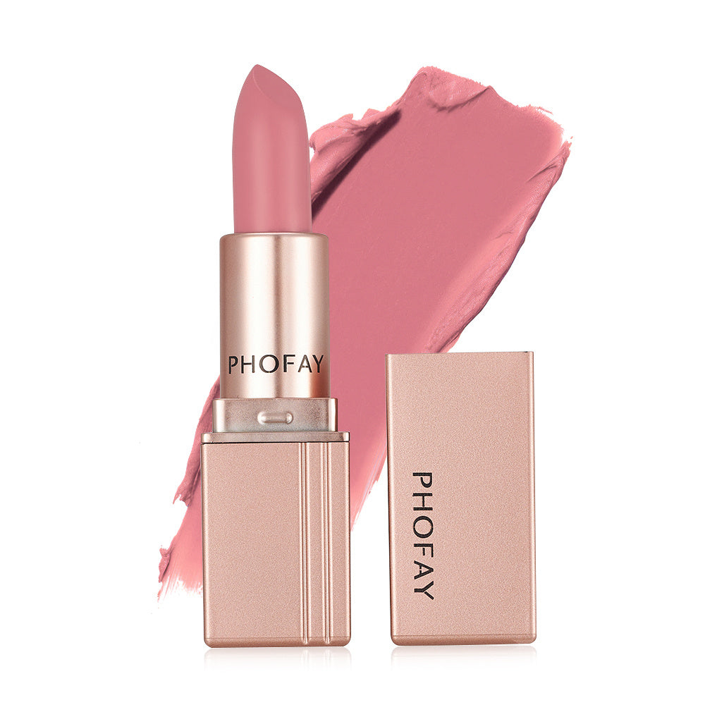 Before and after using Phofay Matte Lipstick, illustrating the transformative effect of this long-lasting, highly pigmented waterproof lip color.

