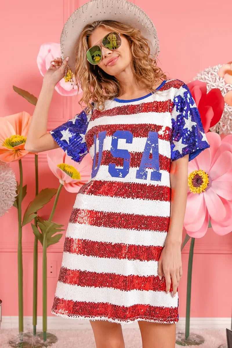 USA flag sequin dress styled with denim jacket for July 4th

