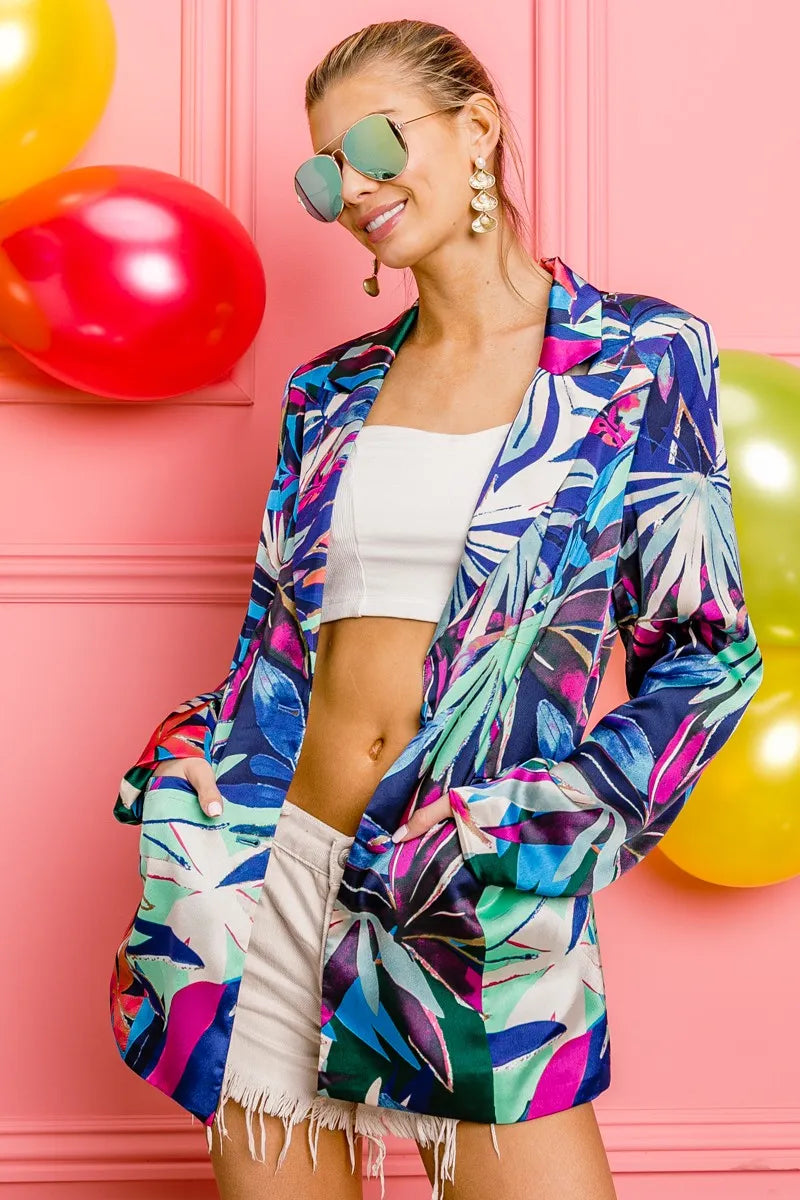 BiBi Thin Satin Tropical Women’s Blazer – Oversized fit, open-front styling