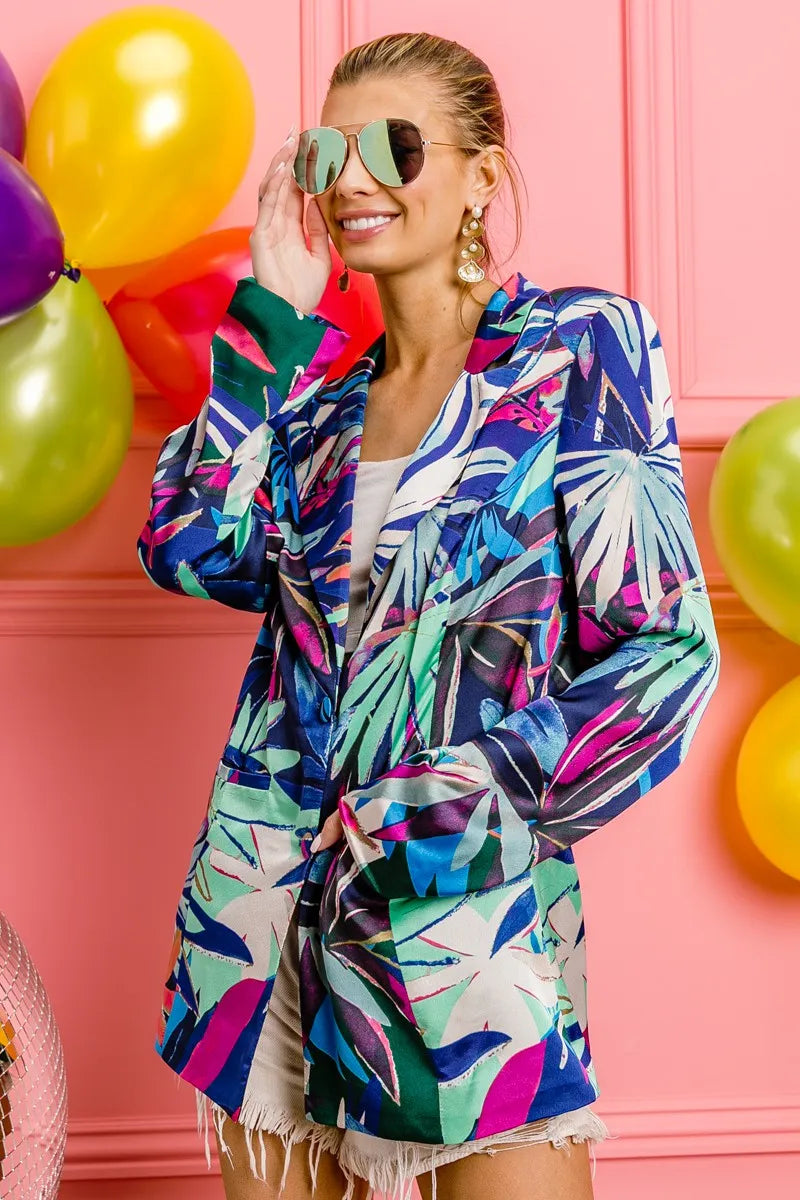 BiBi Thin Satin Tropical Women’s Blazer – oversized relaxed fit front