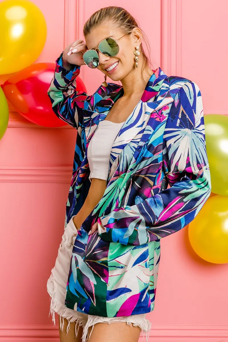BiBi Thin Satin Tropical Women’s Blazer – side profile and drape