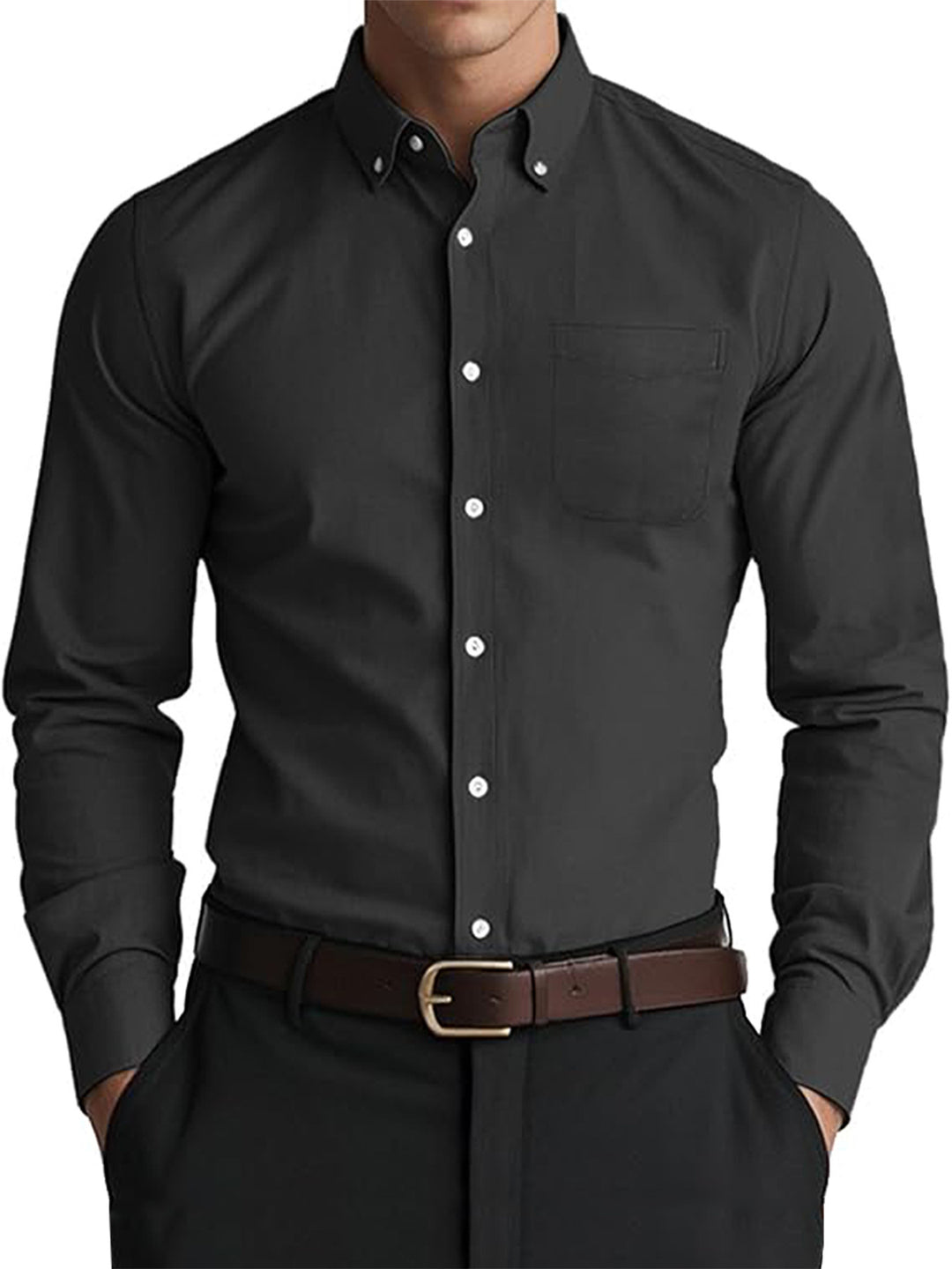Black Cardigan Style Oxford Shirt - Men&