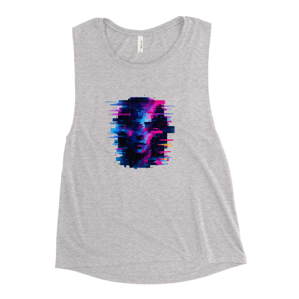 Black Heather ladies’ muscle tank showcased on gym bench—contrast stitching and side seams visible.