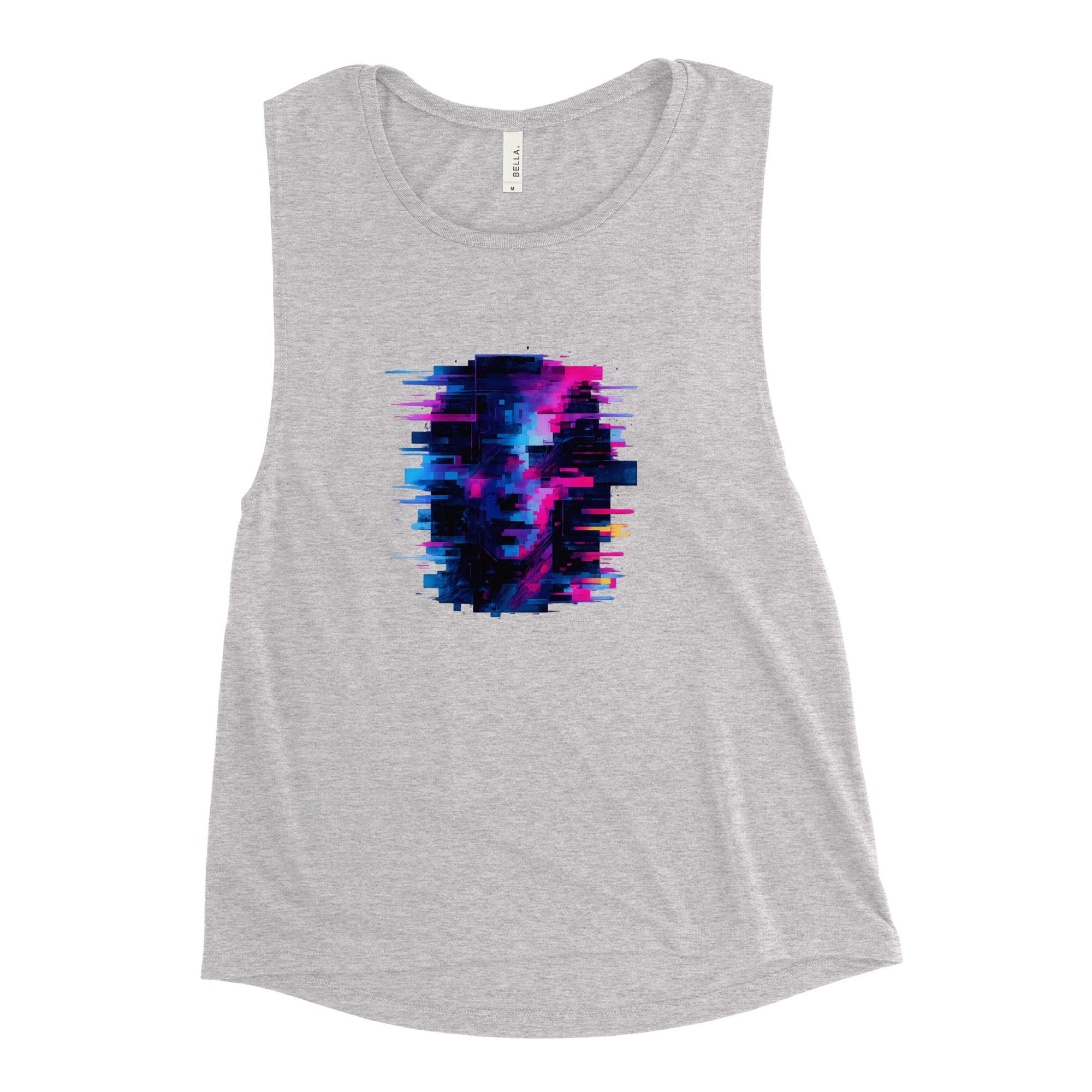 Black Heather ladies’ muscle tank showcased on gym bench—contrast stitching and side seams visible.