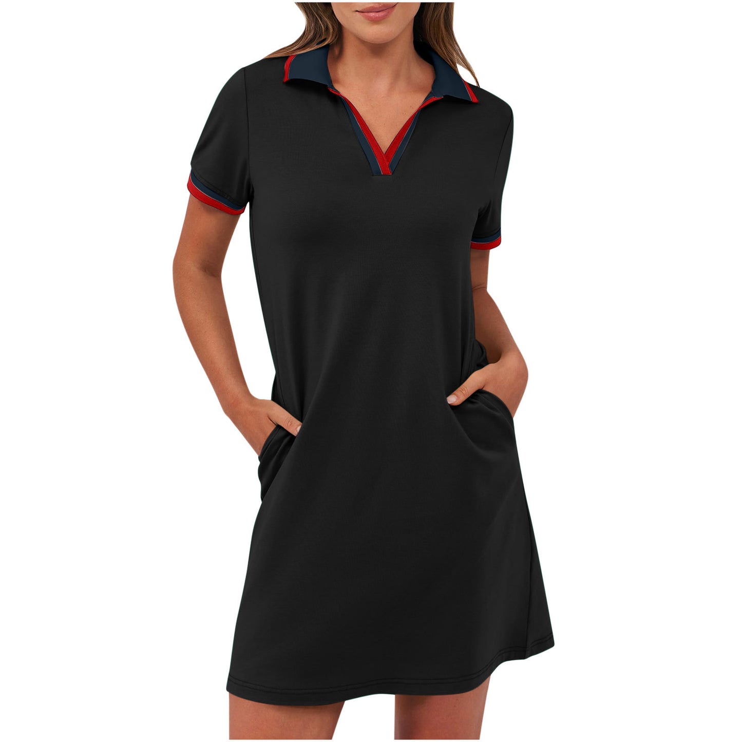 Black and White Women's Short Sleeve V-Neck Casual Dress – Classic Contrast Style