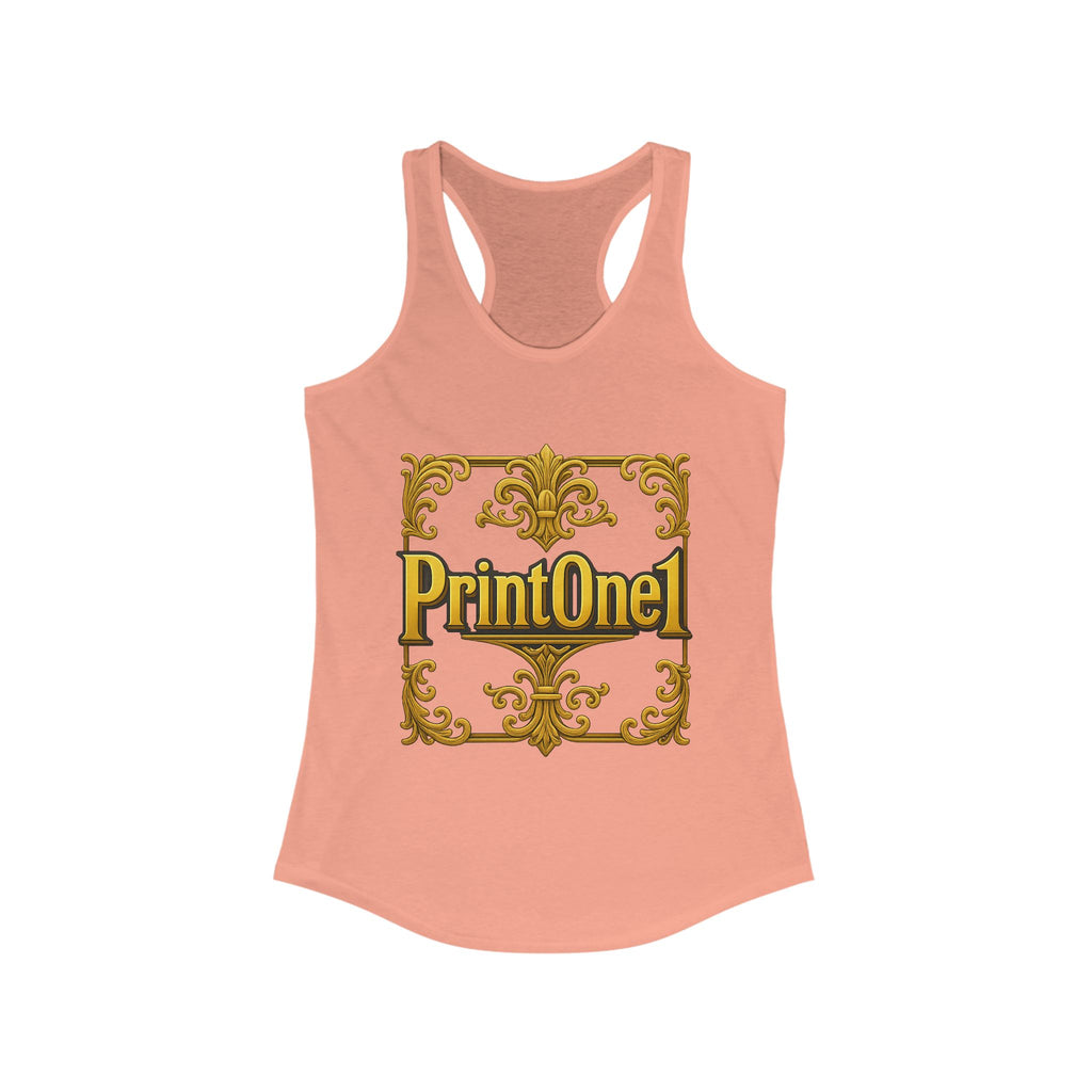 Black racerback tank top for women with gold graphic PrintOne1 print, styled with beige skirt.

