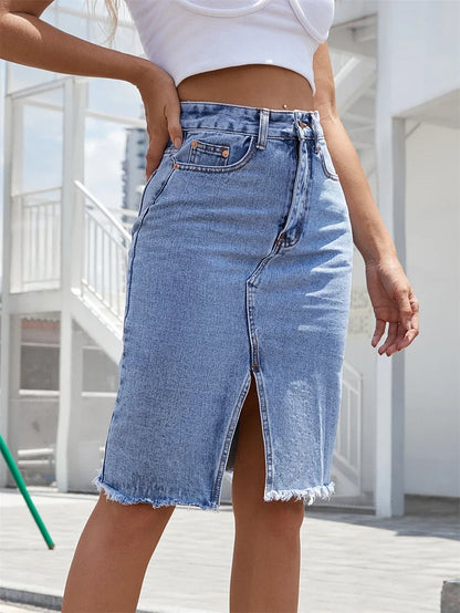 Blue denim skirt close-up – high waist and neat zipper fly