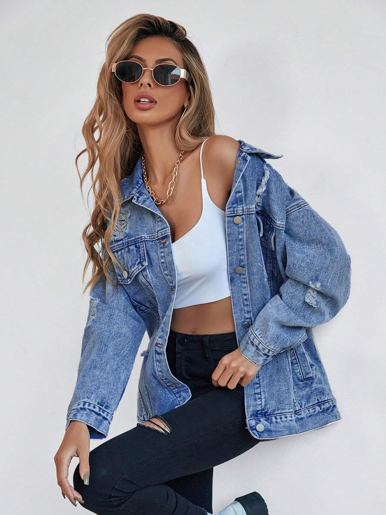 Blue denim women’s jacket – button front detail macro