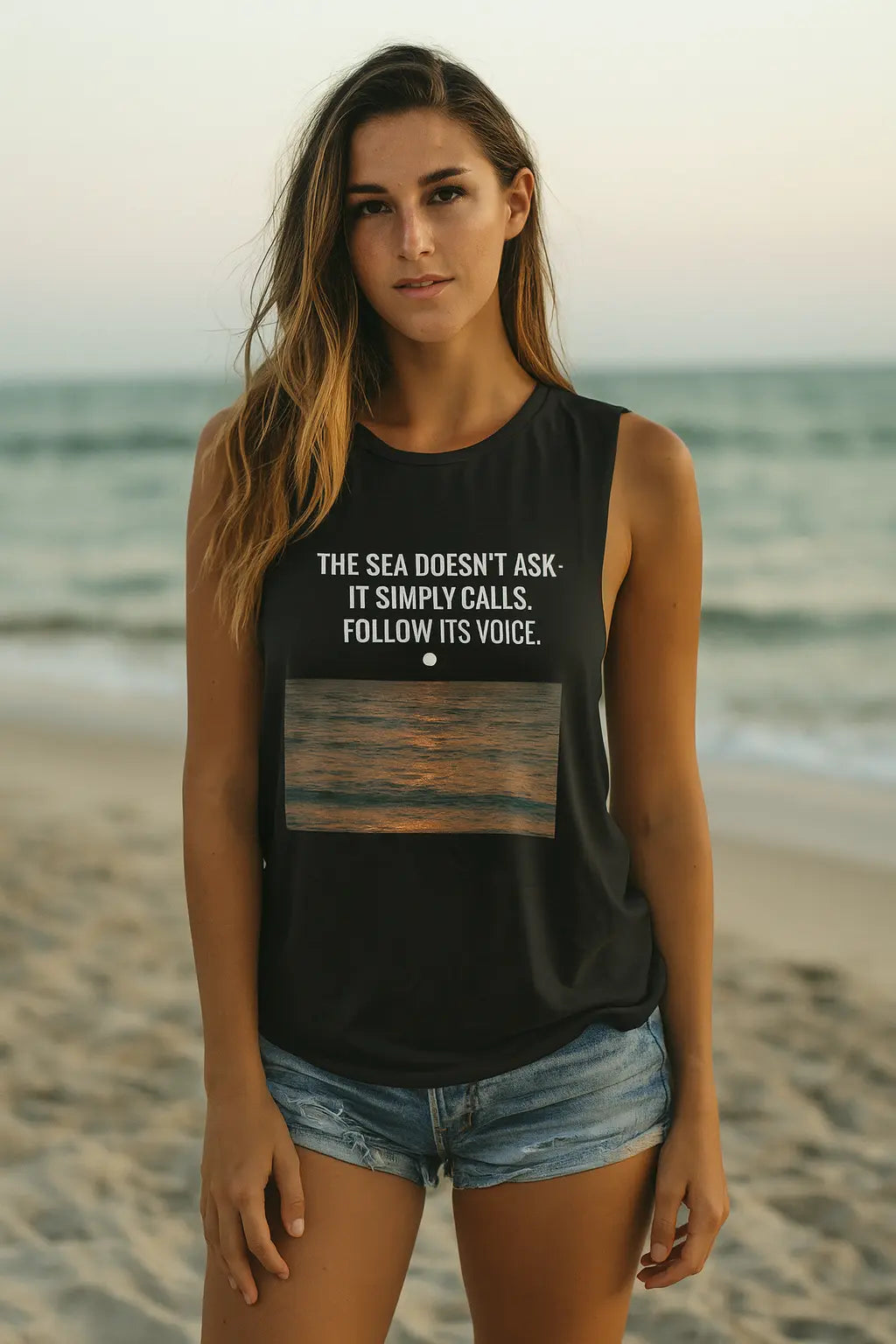 Boho-style scoop muscle tank with a breezy fit and wanderlust graphic.

