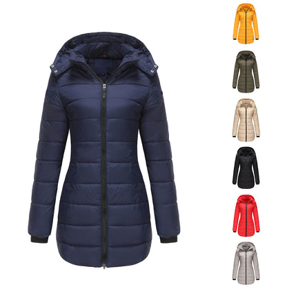 “Bold Red Waterproof Cotton-Padded Women’s Jacket on Rainy Day Streets”


