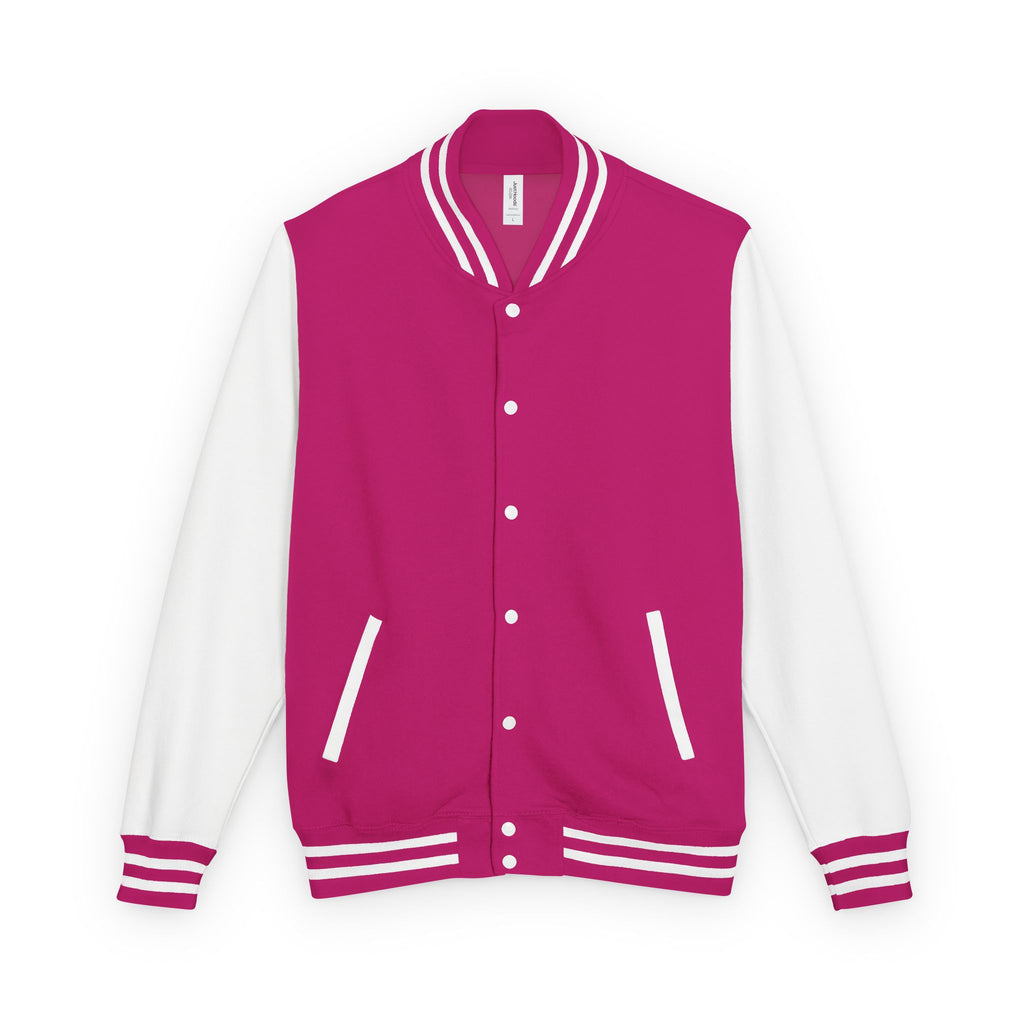 Bold crimson letterman jacket layered over a hoodie, perfect for chilly mornings and year-round comfort

