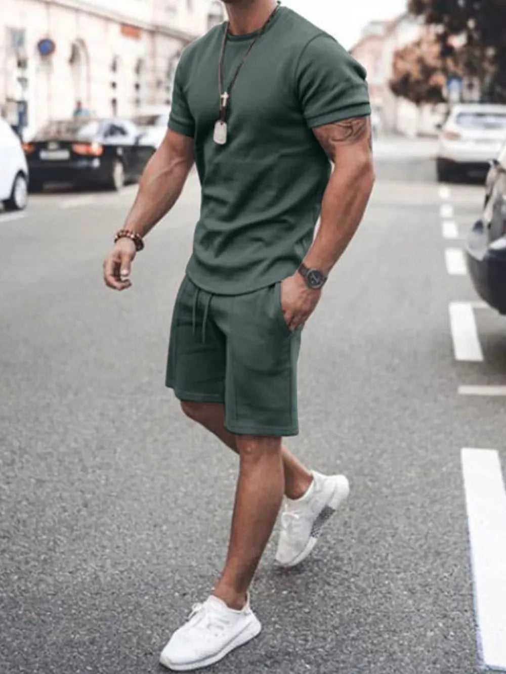 Relaxed men’s plus size set modeled in outdoor casual scene

