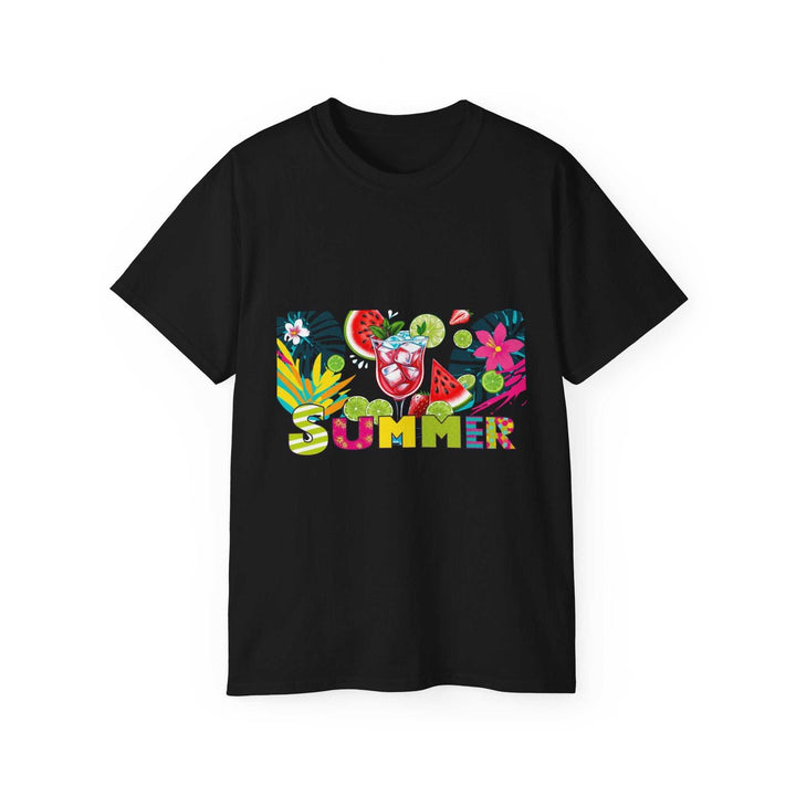 Black tee with colorful tropical summer print