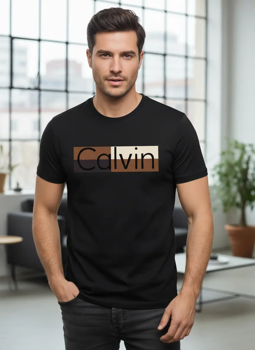 Breathable loose men's 100% pure cotton T-shirt featuring fashionable Calvin pattern for casual sports.