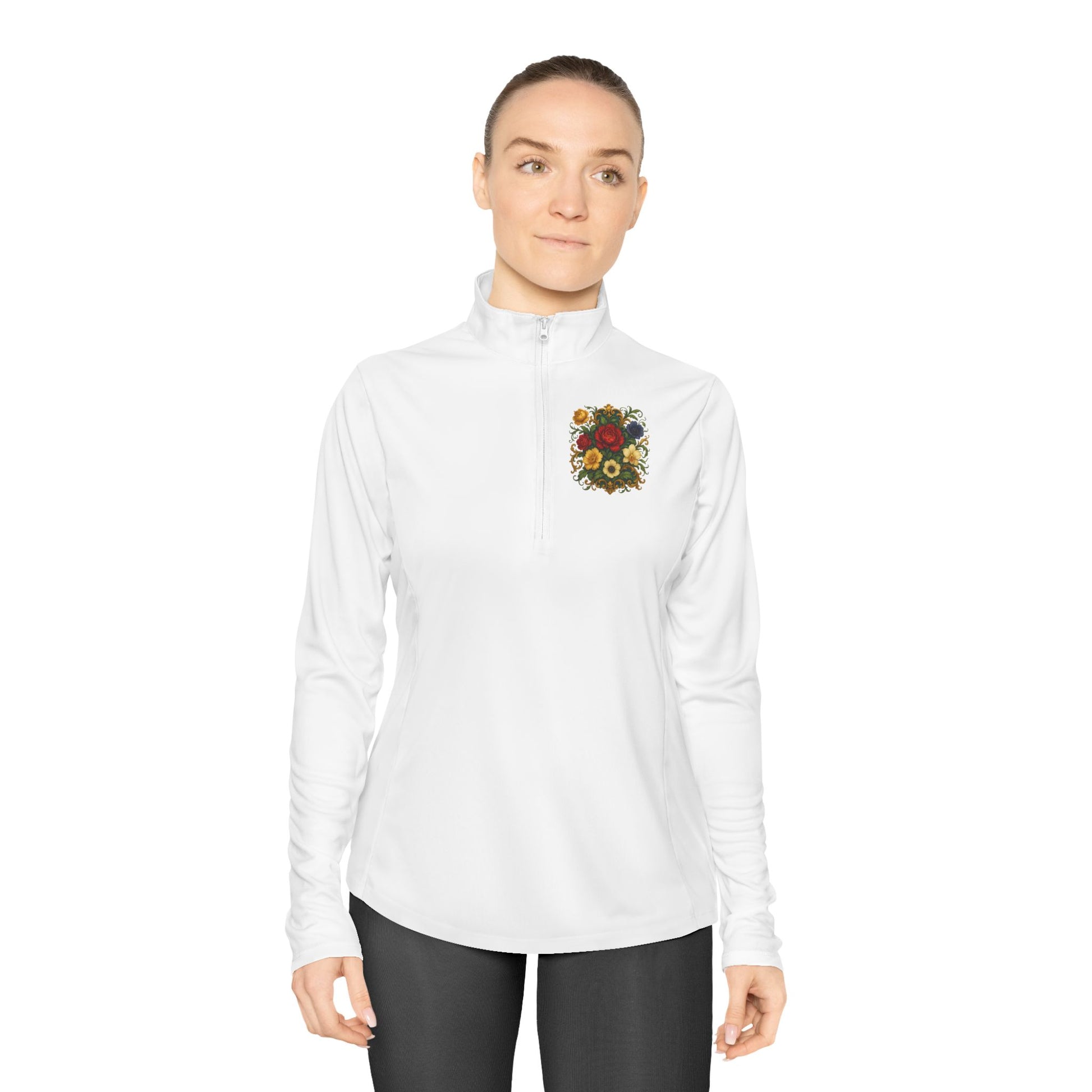 Bright blooms: Floral Ladies Quarter-Zip Pullover, vibrant DTF print that lasts