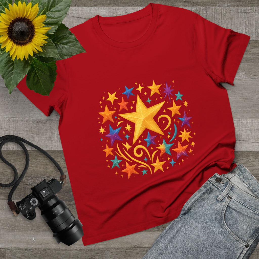 Bright white star tee styled with accessories for women

