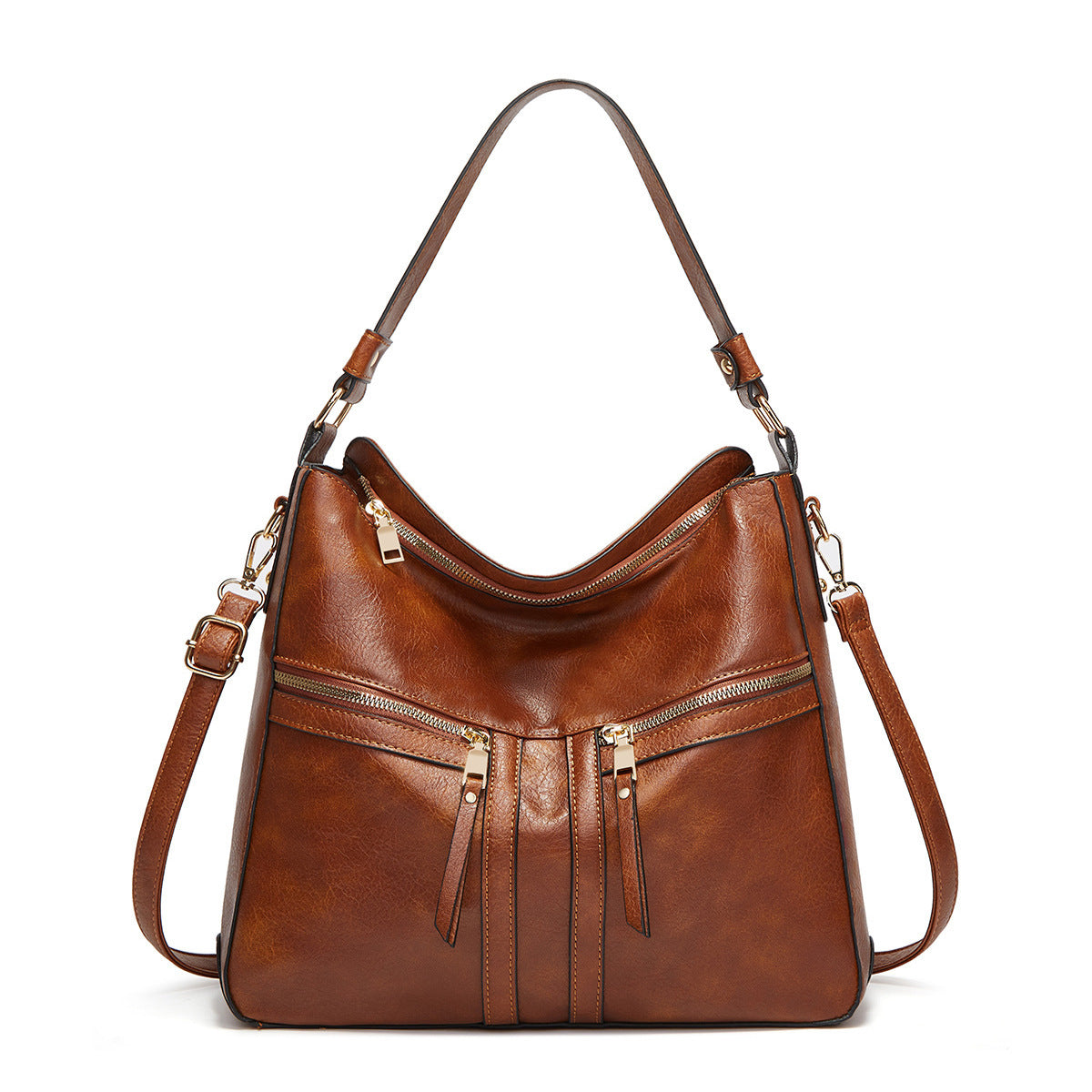 Brown Women's Trendy Double Zipper Soft Leather Large Capacity Tote in Casual Setting