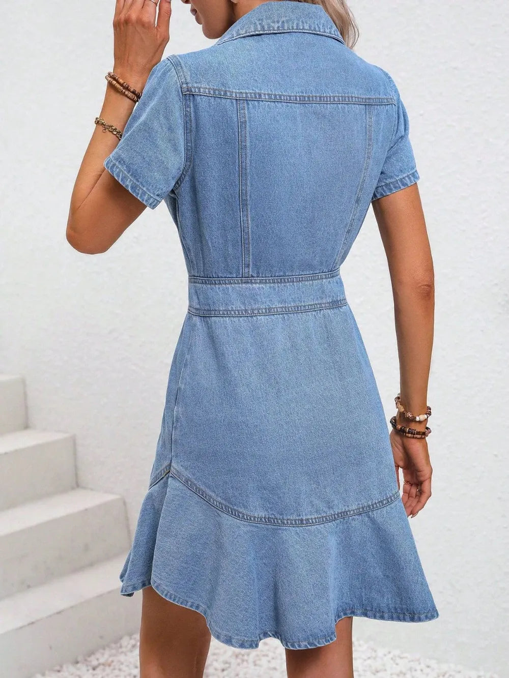 Button-down front detail on casual denim dress

