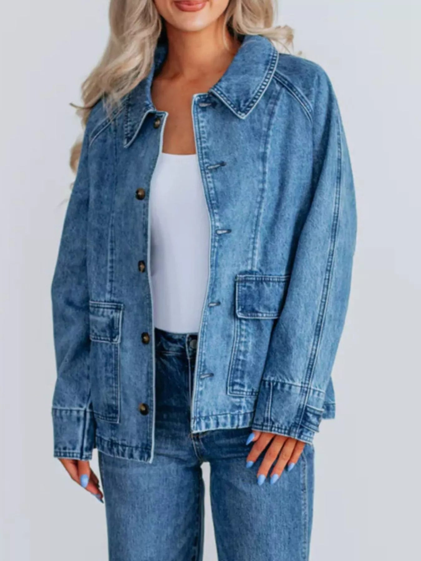 Button Up Raglan Sleeve Denim Women’s Jacket – Oversized layering over tee