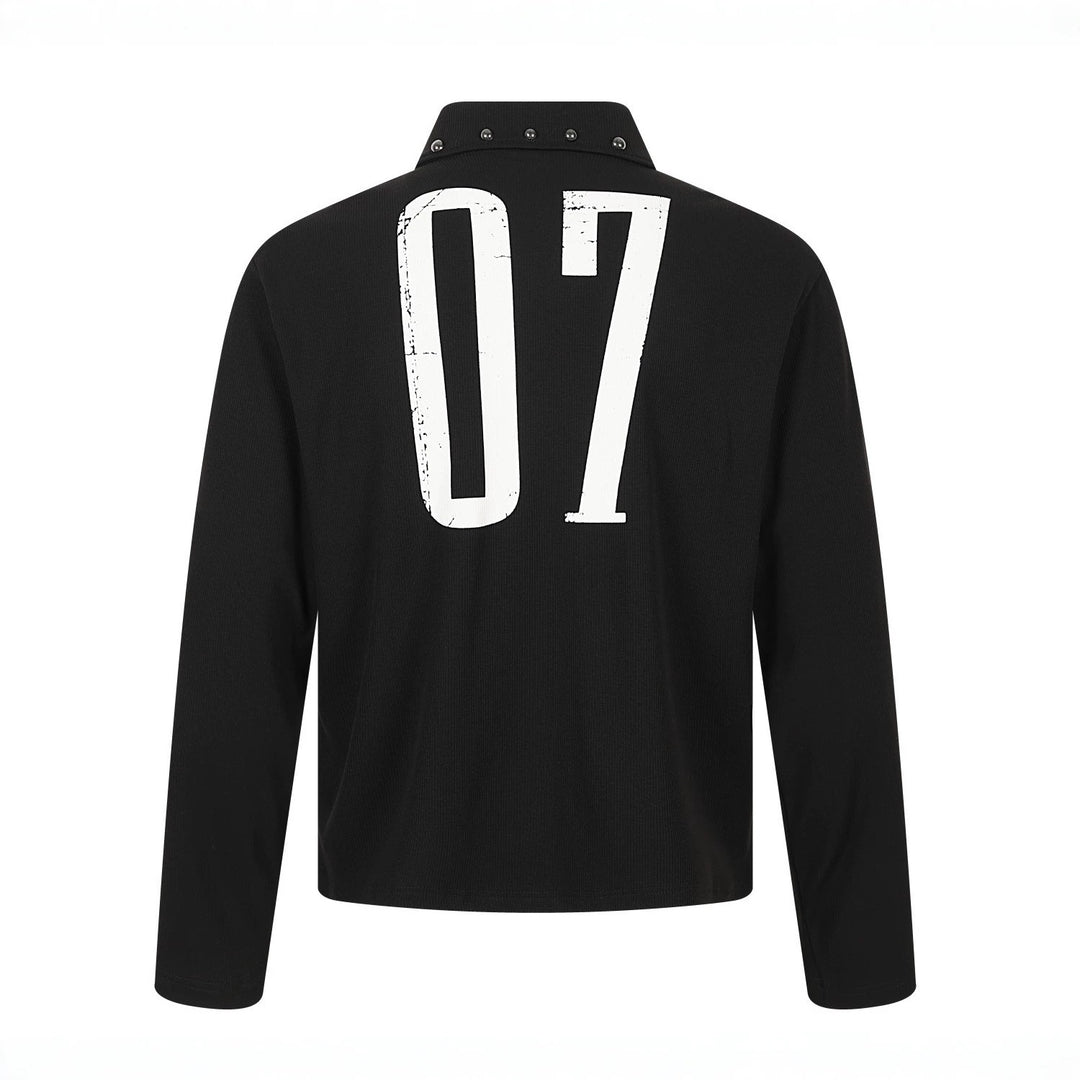 Rear view of this black printed long sleeve polo, showing the large white 07 artwork and silver studs across the back collar.
