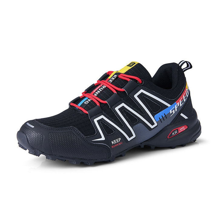 Black athletic shoe side view with red laces, blue accent and rubber outsole