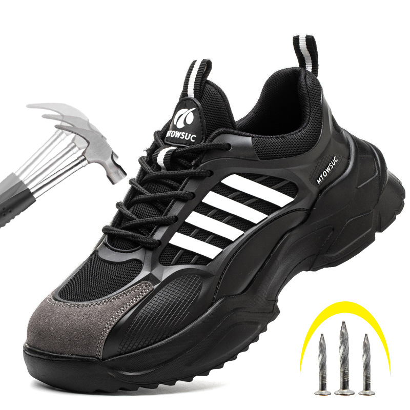 Unisex safety shoes in Black / White with low-cut flyknit upper and lace-up closure