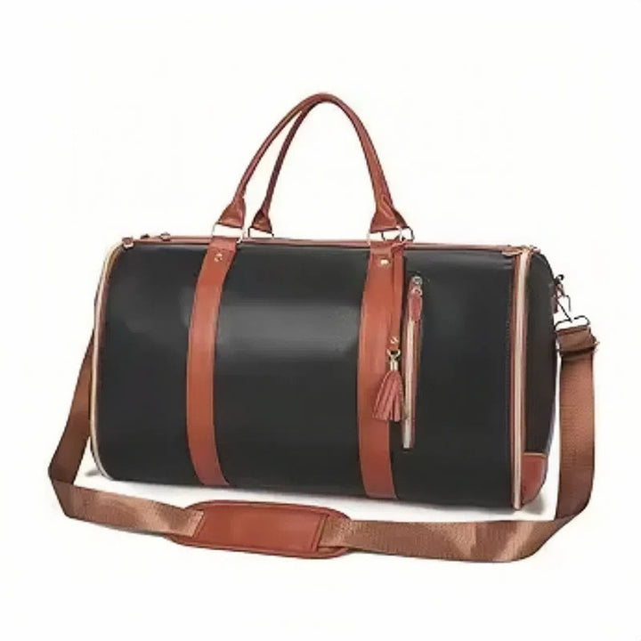 Travel bag with zipper closure, woven exterior detail and adjustable strap for business trip packing and travel organization.