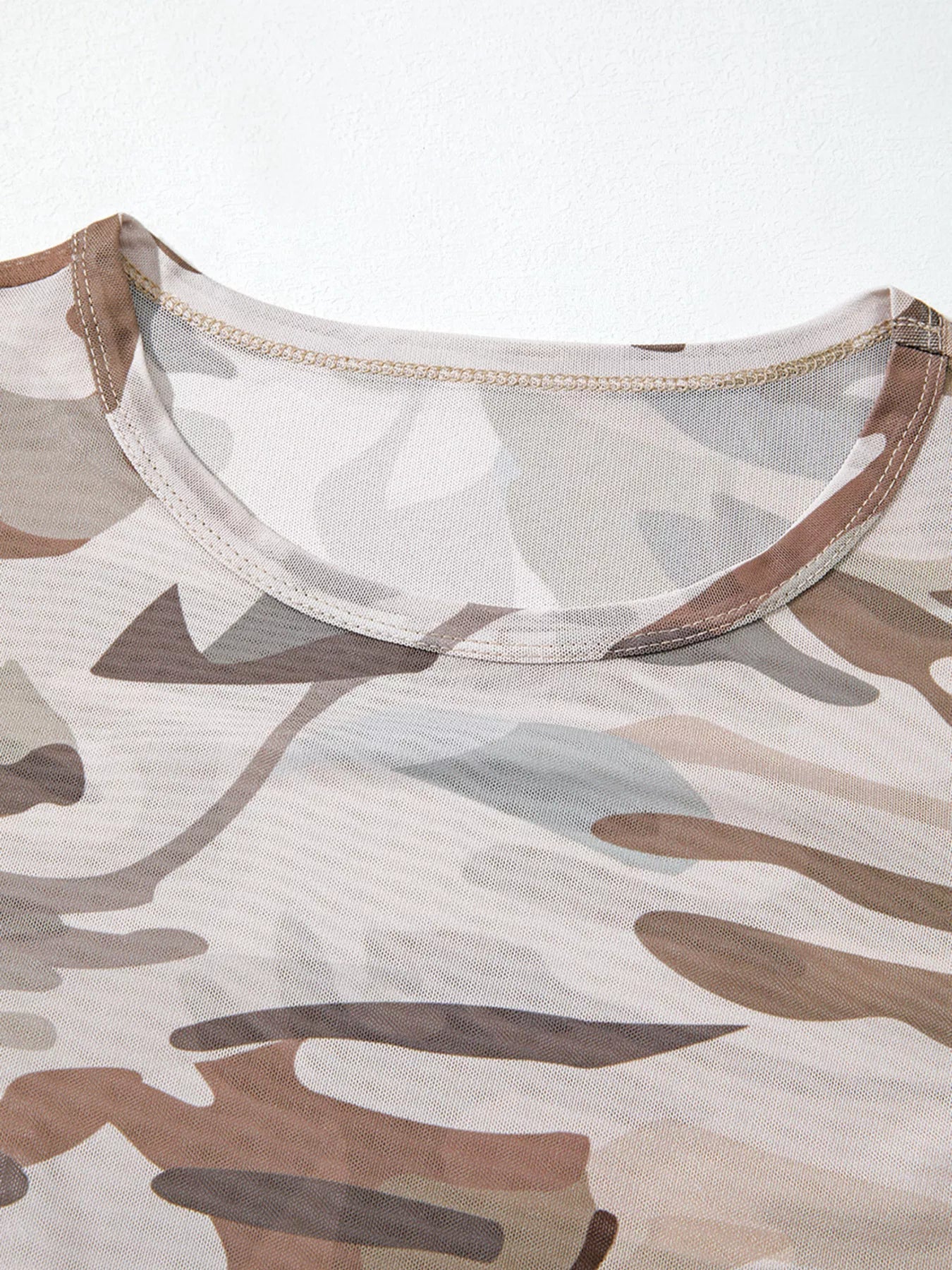 Camouflage Mesh Long Sleeve Top – flat lay with accessories