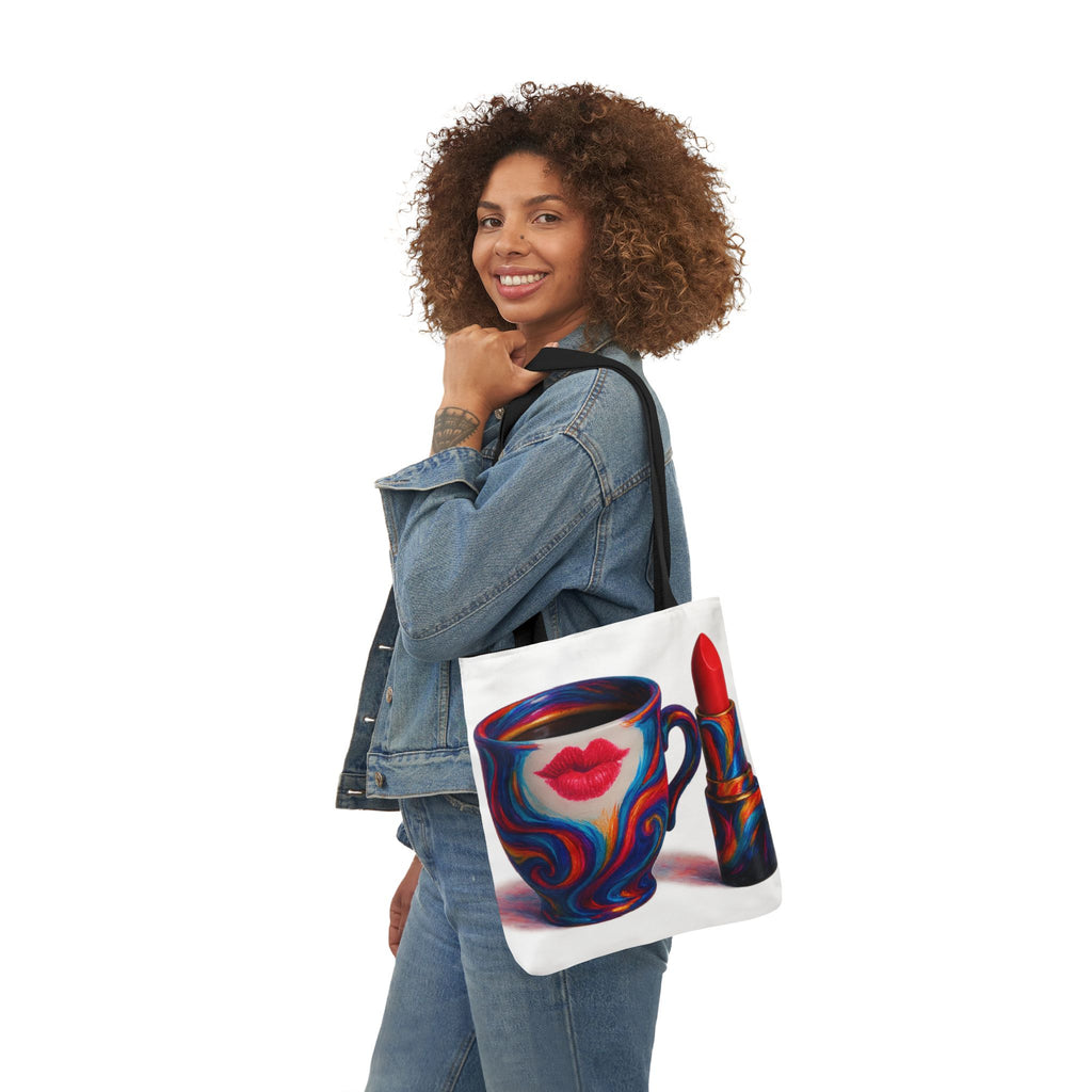 Canvas Tote Bag displaying a swirling multicolor coffee cup and bright lipstick print.

