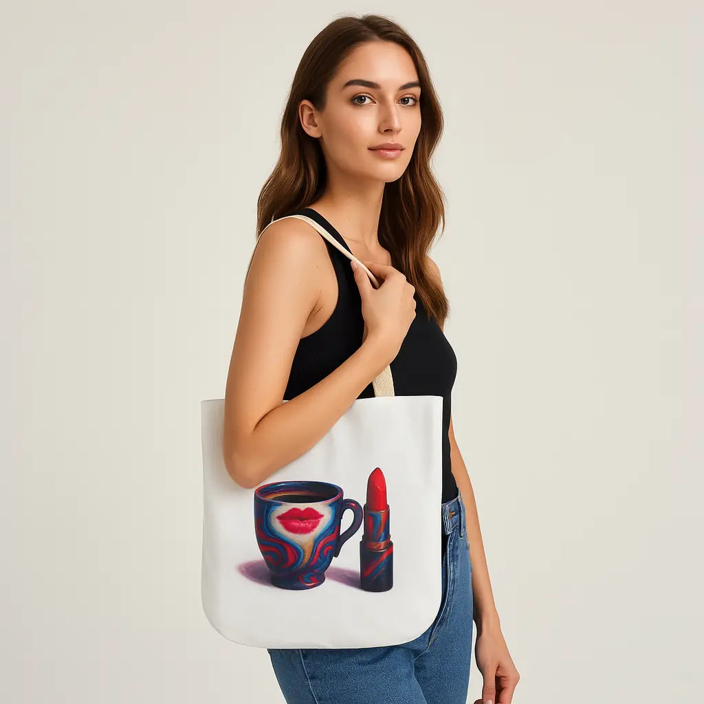 Canvas Tote Bag featuring a colorful coffee mug and red lipstick design on white polyester.

