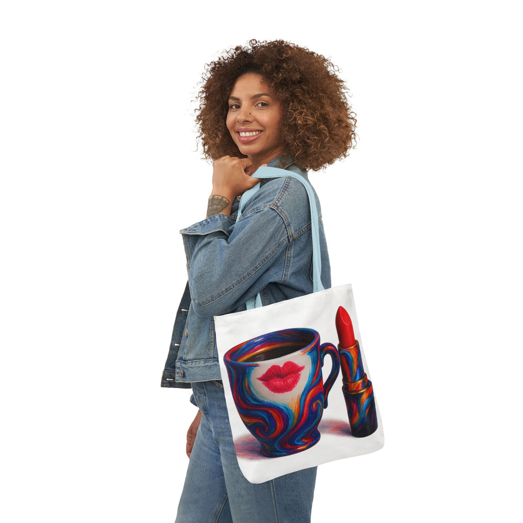 Canvas Tote Bag with art-quality coffee cup and lipstick print, ideal for travel and errands.


