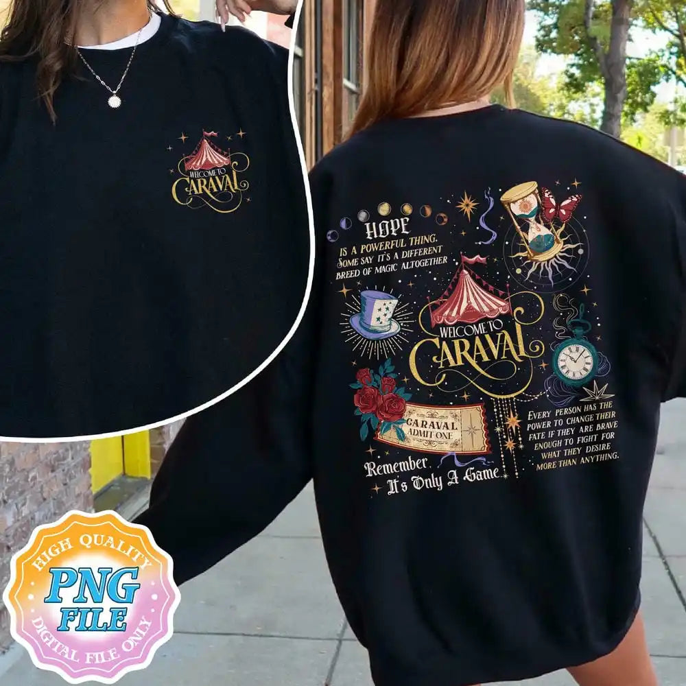Caraval sweatshirt back graphic – bold bookish two-sided design