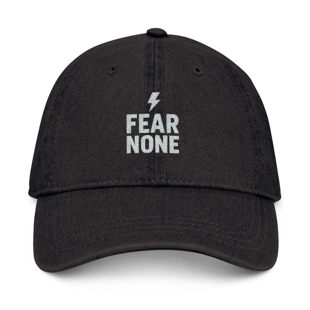 Fear None hat displayed on neutral background with vintage style

