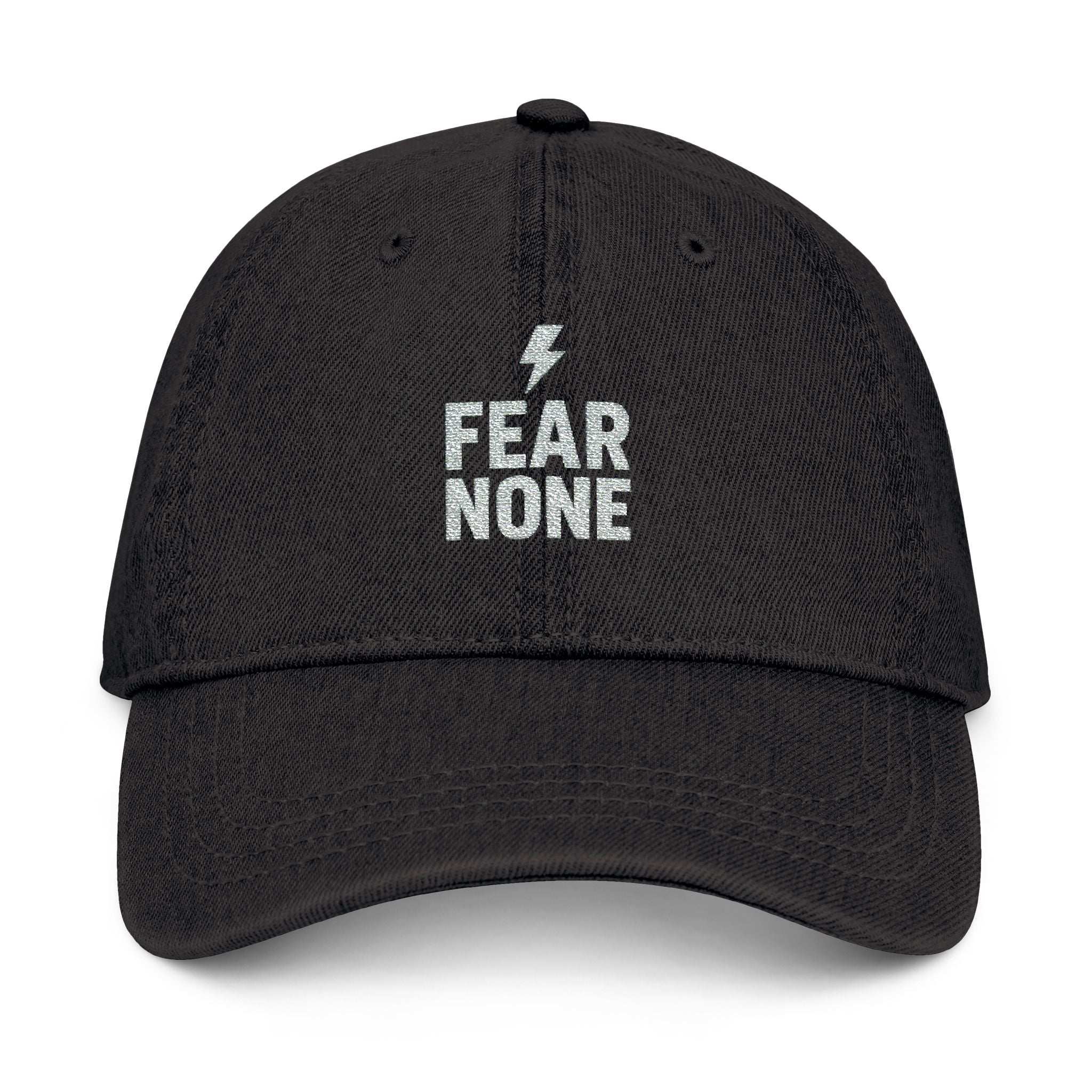 Fear None hat displayed on neutral background with vintage style

