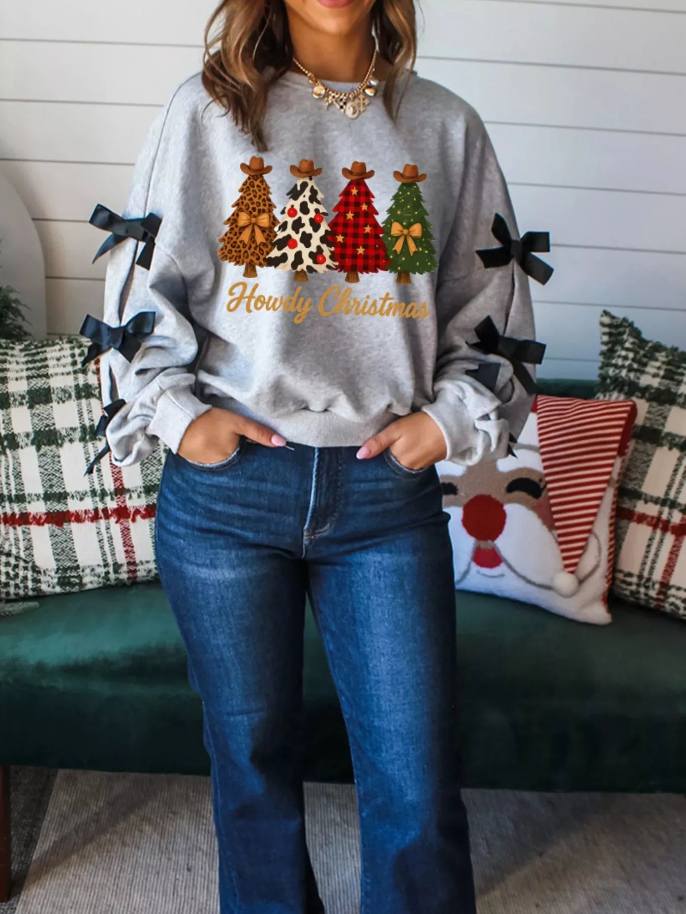 Casual Holiday Look – Christmas Trees Bow Sweatshirt for Women