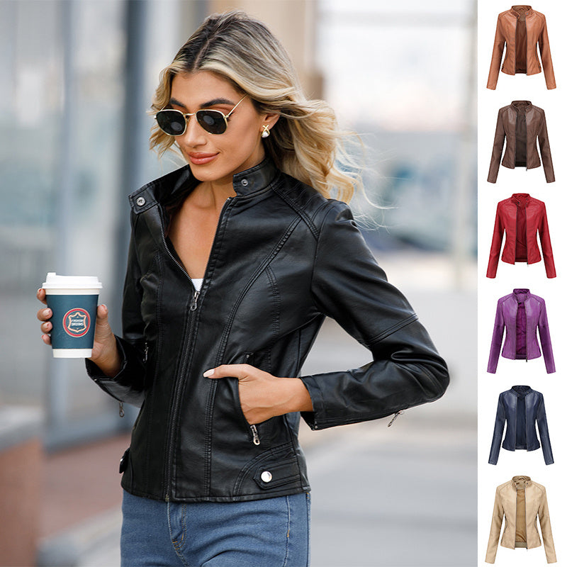 Casual brown PU leather jacket for women, ideal for everyday wear

