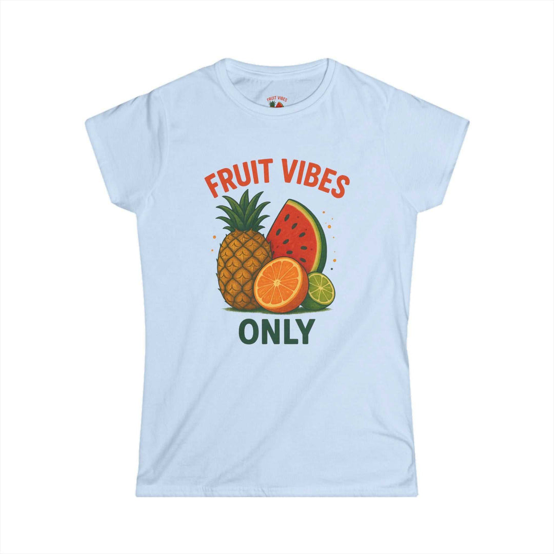 Light blue tee with tropical fruit graphic and text