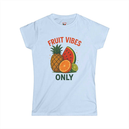 Light blue tee with tropical fruit graphic and text