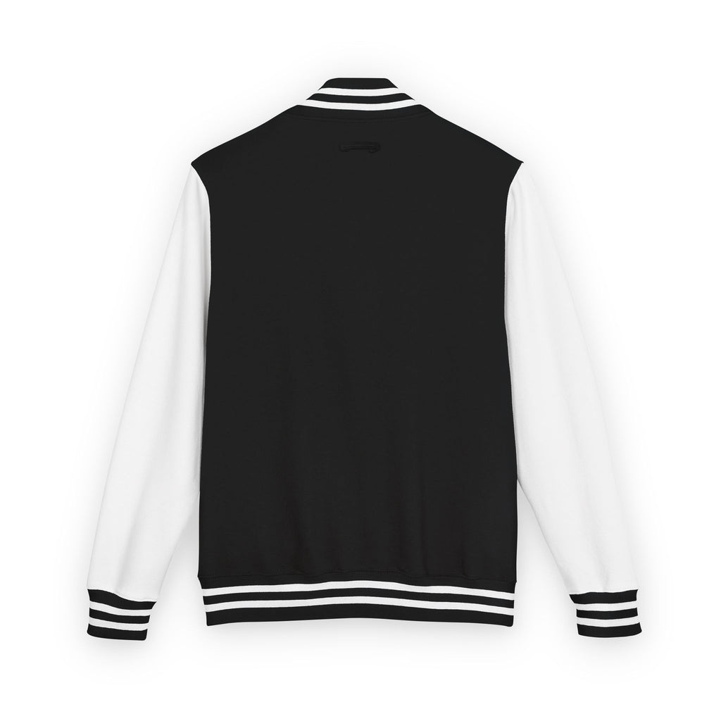 Back view of unisex KING letterman jacket in motion

