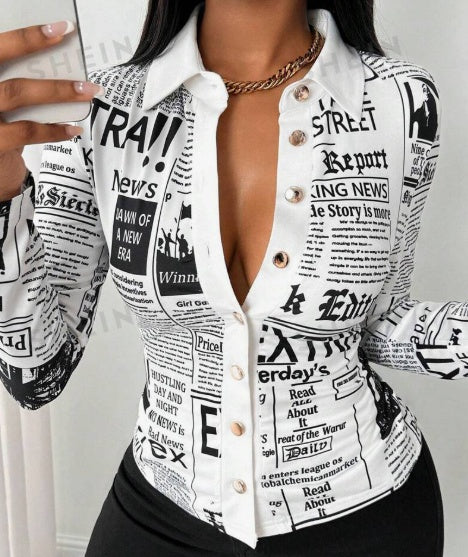 Casual office look featuring a women’s full-print long sleeve button shirt

