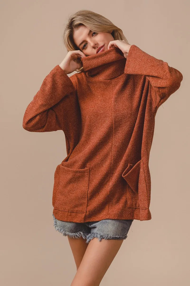 Casual outdoor shoot: Rib Double Pocket Turtle Neck Top under a denim jacket

