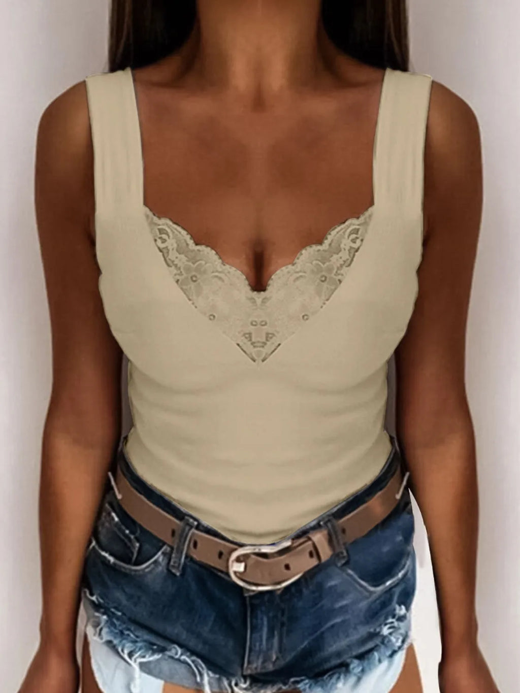 Casual outfit with lace V-neck tank and denim jeans

