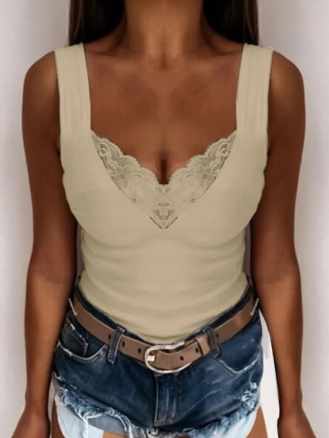 Casual outfit with lace V-neck tank and denim jeans

