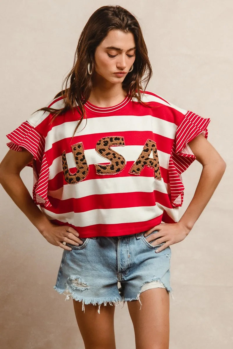 Casual red and white striped cotton top with bold leopard letter print

