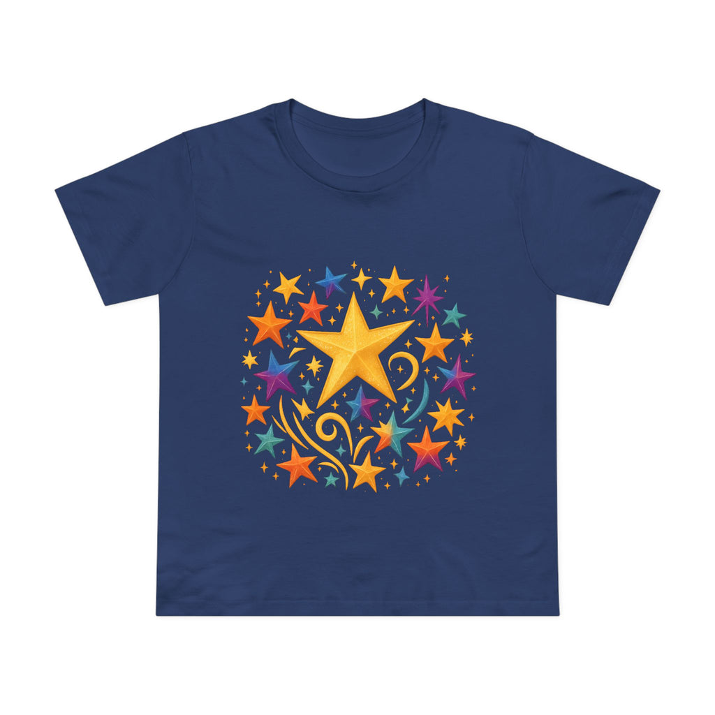Casual star graphic tee styled with denim shorts and sneakers

