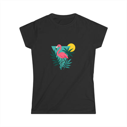 Black women's tee with pink flamingo and tropical print