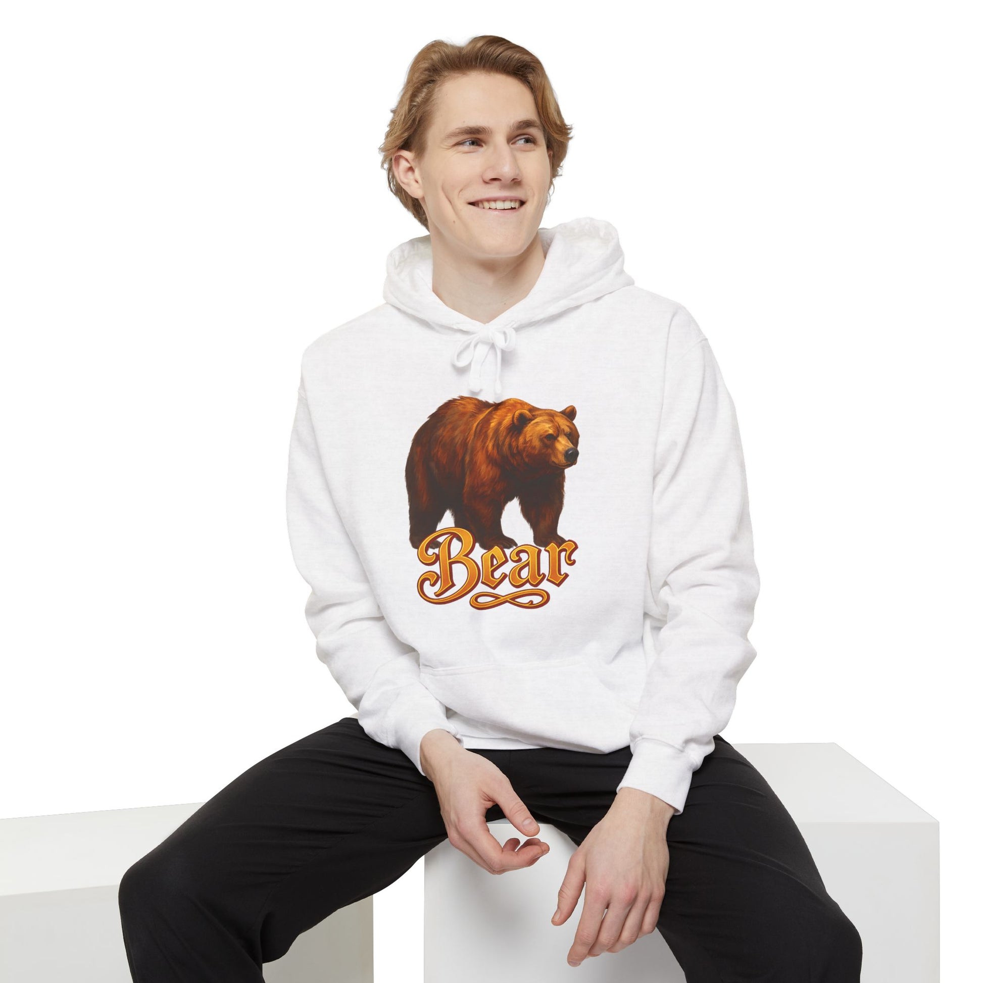 Charcoal Bear Graphic Hoodie and Unisex Sweatshirt in white worn by male and female models

