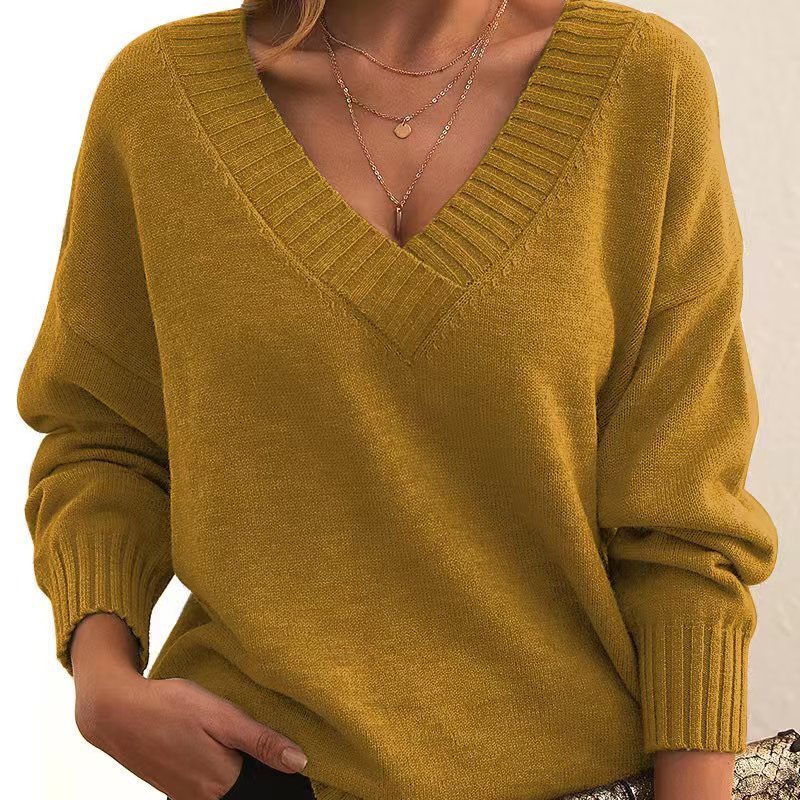 Chic V-neck sweater – long-sleeved knit, flattering neckline, easy drape