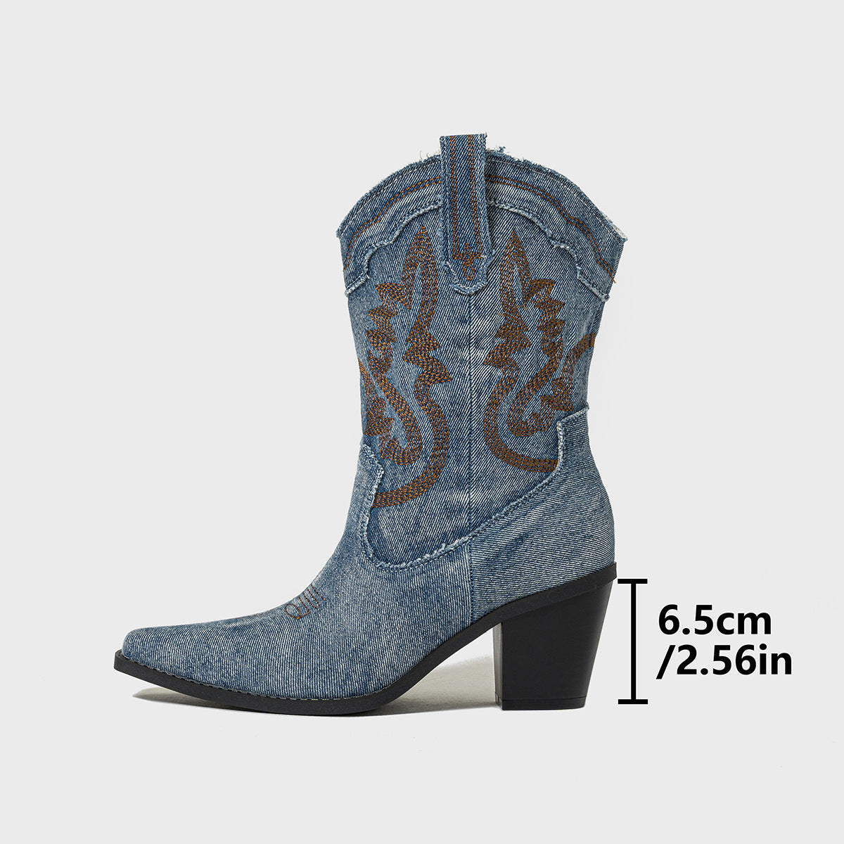 Chunky heel women’s boots – light blue colorway on model