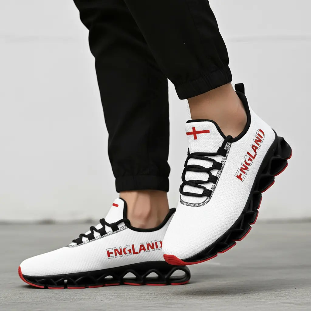 Close-Up of Breathable Fabric Upper on Men's England Flag Sneakers – Cushioned Comfort Meets British Pride